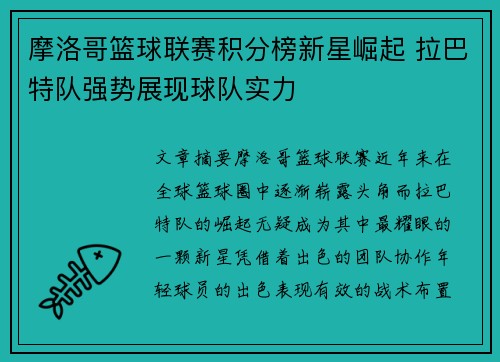 摩洛哥篮球联赛积分榜新星崛起 拉巴特队强势展现球队实力