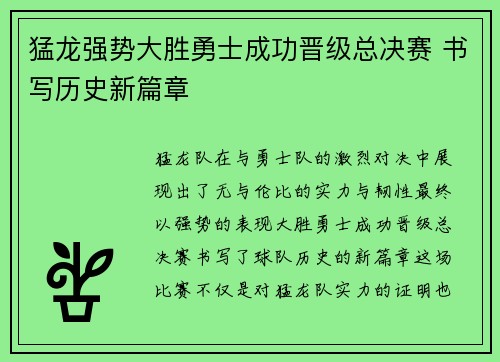猛龙强势大胜勇士成功晋级总决赛 书写历史新篇章