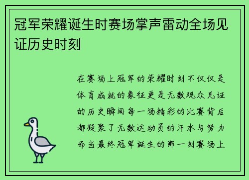 冠军荣耀诞生时赛场掌声雷动全场见证历史时刻