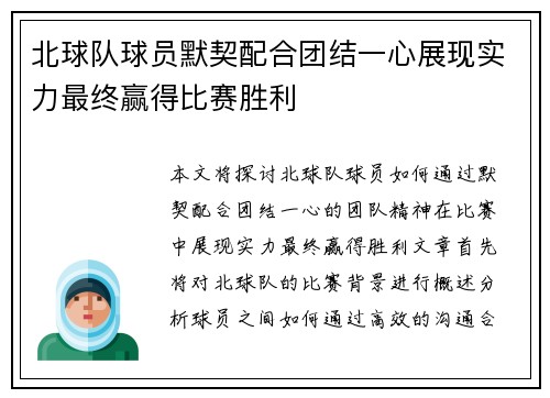 北球队球员默契配合团结一心展现实力最终赢得比赛胜利