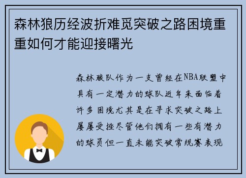 森林狼历经波折难觅突破之路困境重重如何才能迎接曙光