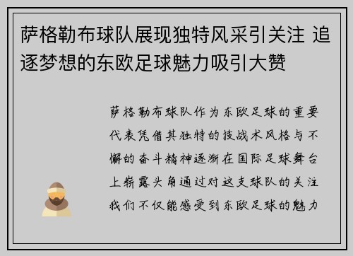 萨格勒布球队展现独特风采引关注 追逐梦想的东欧足球魅力吸引大赞