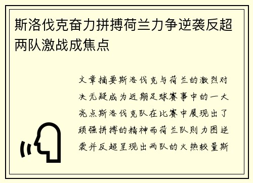 斯洛伐克奋力拼搏荷兰力争逆袭反超两队激战成焦点