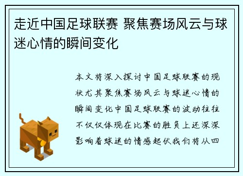 走近中国足球联赛 聚焦赛场风云与球迷心情的瞬间变化