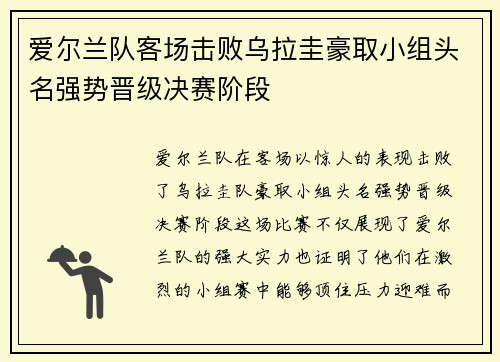爱尔兰队客场击败乌拉圭豪取小组头名强势晋级决赛阶段