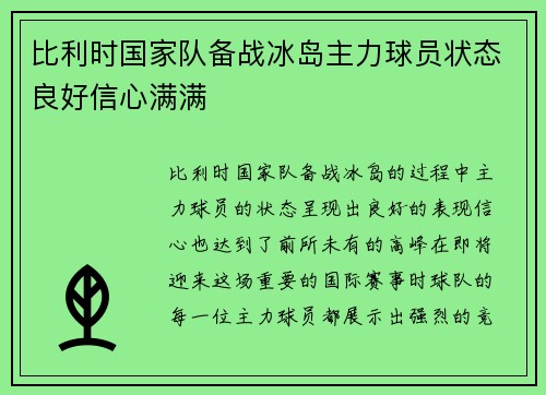 比利时国家队备战冰岛主力球员状态良好信心满满